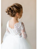 Three Quarter Sleeves Ivory Lace Tulle Sheer Back Flower Girl Dress